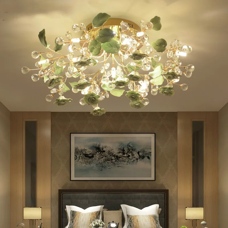 الوردي/الأخضر السيراميك زهرة LED مصباح السقف للمنزل الزفاف ارتفع كريستال ثريا تركب بالسقف غرفة الطعام G4 Led Sarface الإضاءة