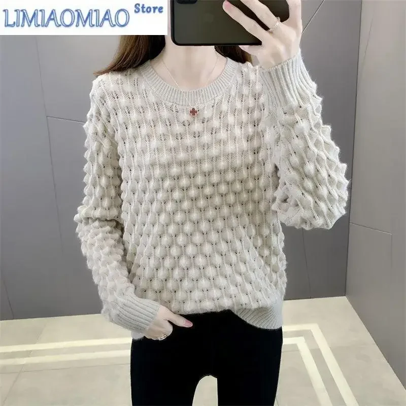 

New Autumn/Winter Fashion Korean Edition Hollow Out Solid Round Neck Loose and Versatile Western Style Slim Women's Sweater