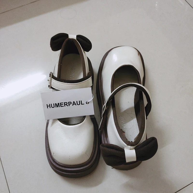 HUMERPAUL 2024Fashion Girls Leather Platform Shoes Style Thick Heels Sweet Bowtie Patchwork  Princess  Leather Shoes