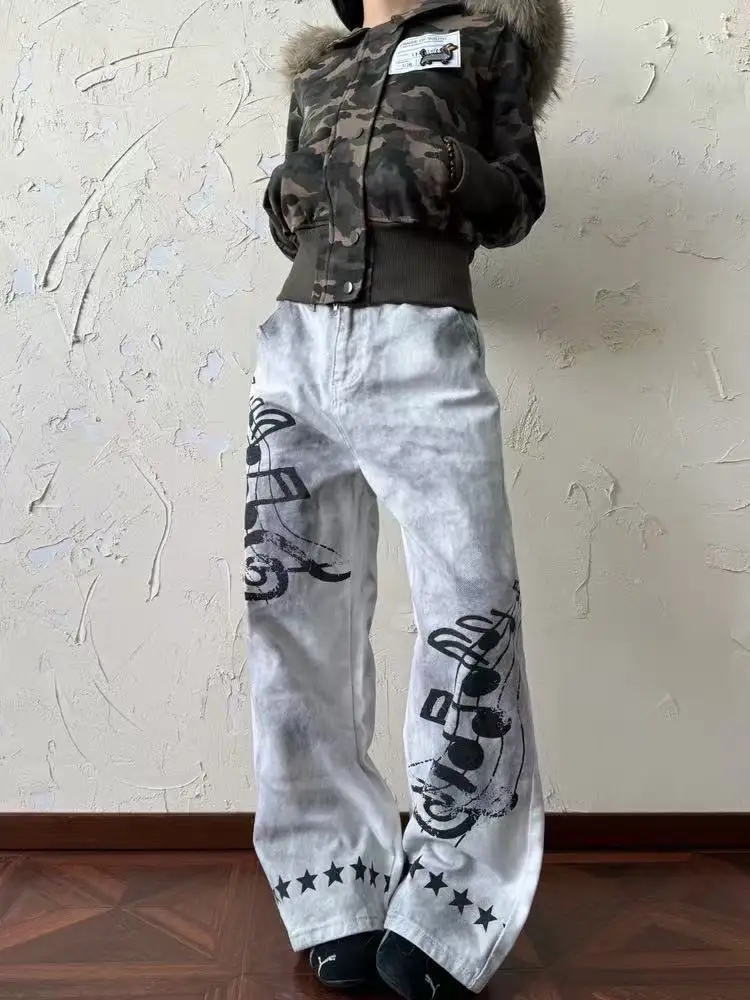 Women's Musical Note Printing Pattern Jeans Unisex Spring Street Trousers Casual Bottoms Female High Waist Dirty White Pants