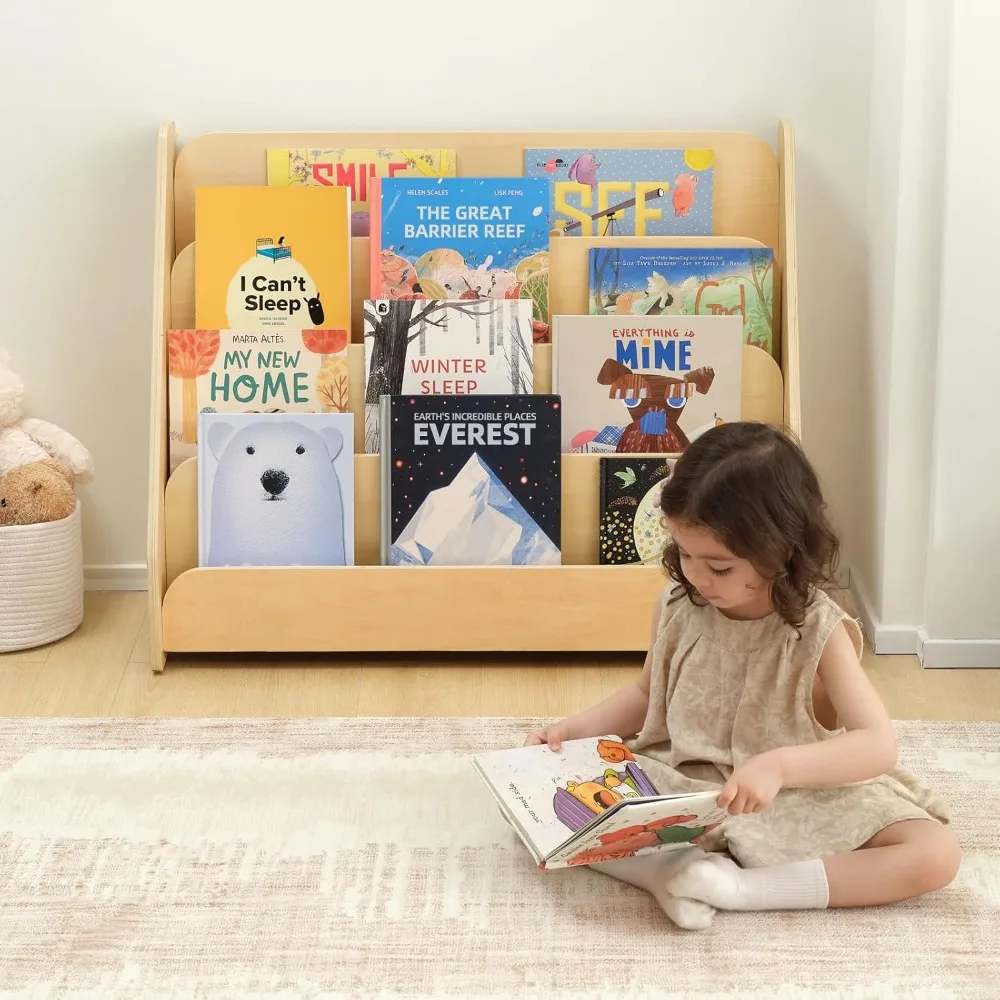 Scaffale per bambini, espositore per libri frontale in legno a 4 livelli per bambini, libreria Montessori per bambini per aula, sala giochi