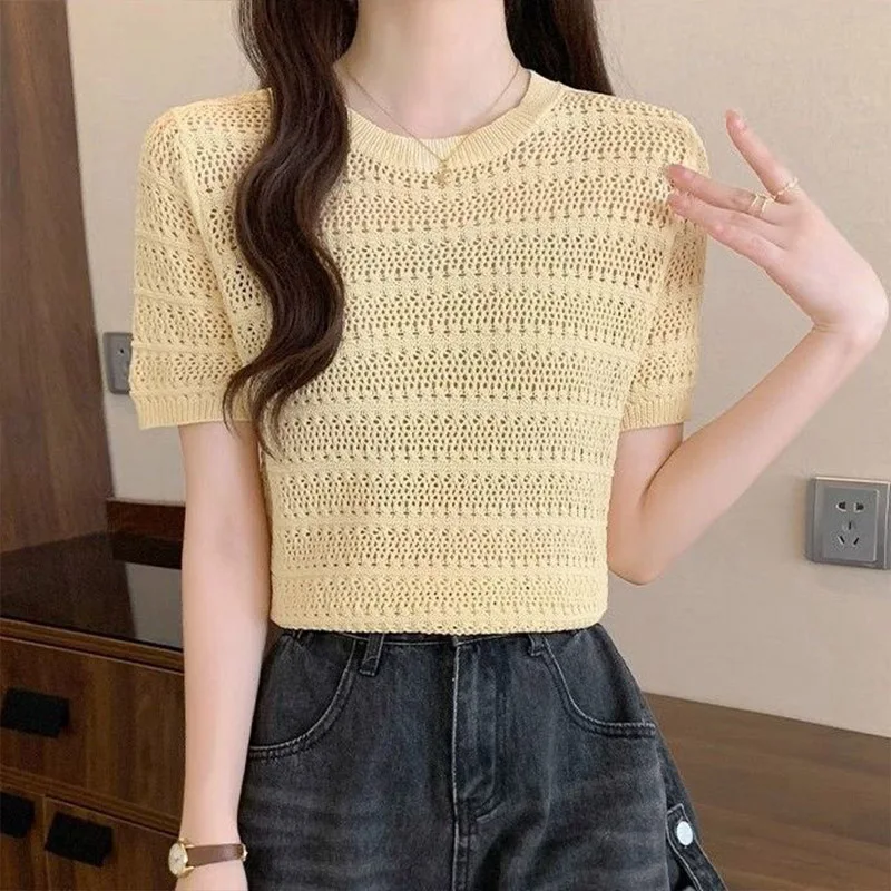 Summer Fashion Loose Hollow Out Knitted T-shirt Women Clothing Casual All-match O-neck Short Sleeve Top Tee Ice Shreds Thin Tops