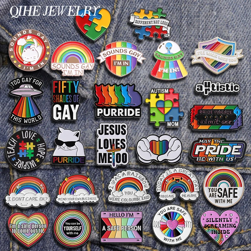 LGBTQ Pride Collect You Are Safe With Me Enamel Pins Rainbow Spaceship UFO Shield Cat Brooches Lapel Badges Jewelry Lover Gifts