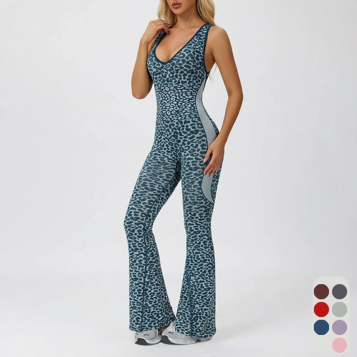 Greenora Leopard Print Backless Jumpsuit Women Cross Strap Flared Yoga Pants Seamless Bodysuit One Piece Activewear Tracksuit