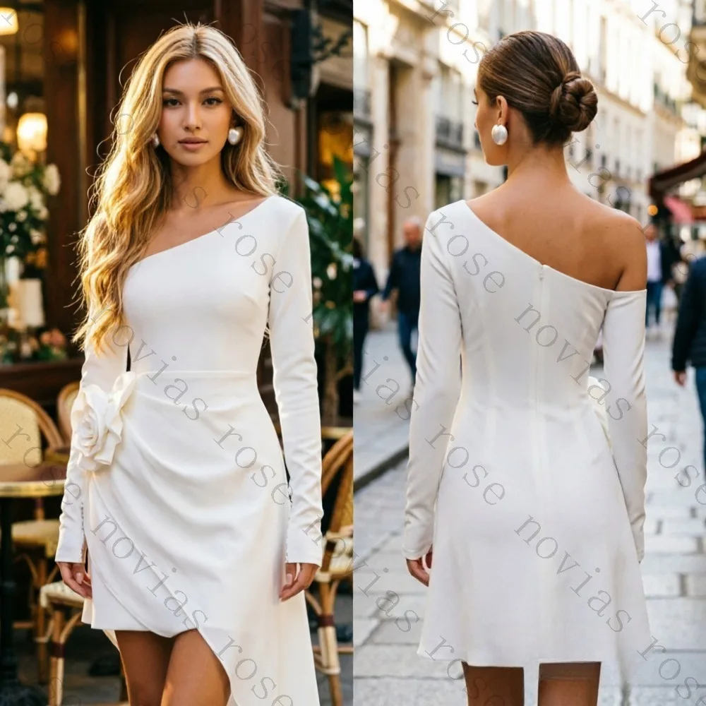 Customized One Shoulder Long Sleeve Short Satin Irregular Slit Skirt Bow Decor Simple Civil Wedding Reception Mini Bridal Dress