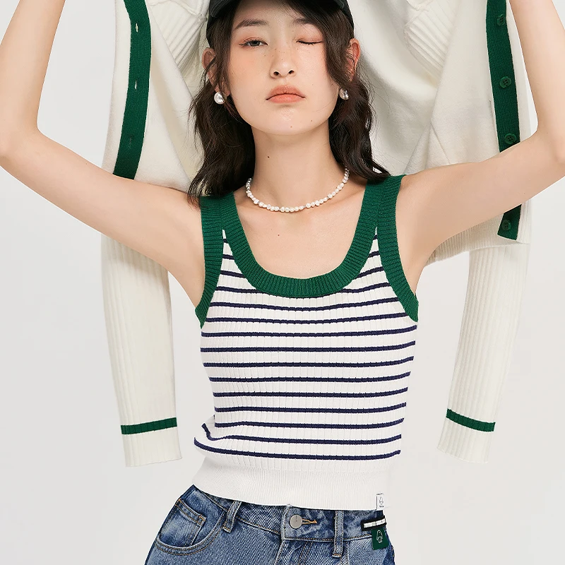 Toyouth Women Knit Vest 2023 Autumn Sleeveless U Neck Slim Stretch Tank Tops Classic Contrasting Stripes Y2K Fashion Camisole