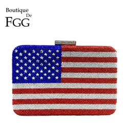 Boutique De FGG American National Flag Women Crystal Clutch Evening Bags Ladies Party Dinner Chain Shoulder Handbags