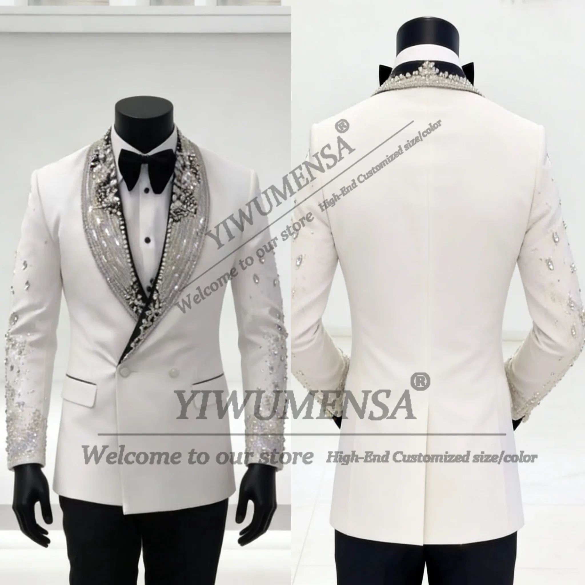 

Glittering Beaded Stones Suit Men For Wedding Double Breasted Jacket Pants 2 Piece Set Unique Design Cut-Out Prom Blazers Outfit