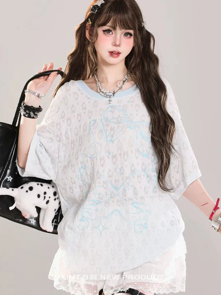 Vintage Loose Print Y2K T Shirts Women Back Bow Oversize T-shirts Streetwear Casual O Neck Retro Sun Proof Short Sleeve Tops