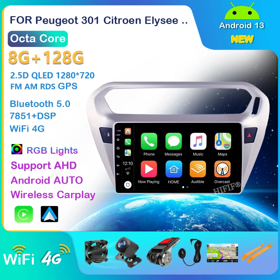 

8G+128G Carplay 9'' Android 13 For PEUGEOT 301 Citroen Elysee 2014 - 2016 Car Radio Multimedia Video Player GPS