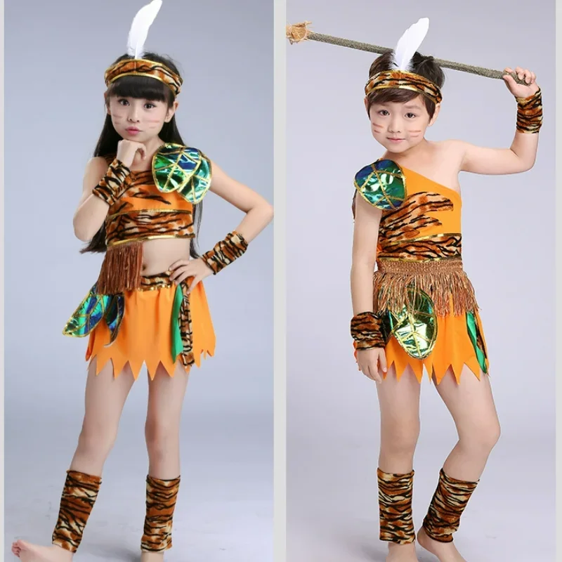 Kids Child Caveman Costume for Boys Girls Caveboy Cavegirl Stone Age Primitive Cosplay Purim Halloween Mardi Gras Fancy Dress Up