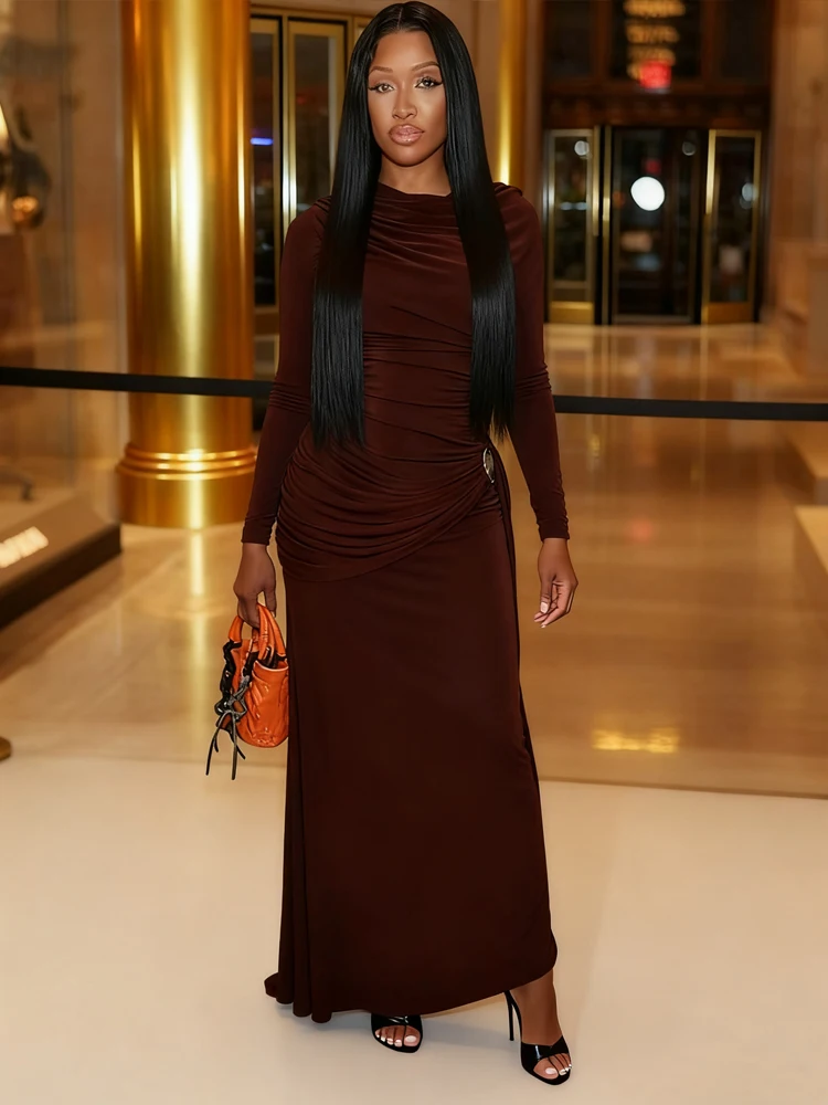 Weird Puss Elegant Flocking Dress Women Irregular Cape Collar Metal Decoration Autumn Christmas Evening Stretch Skinny Bodycon