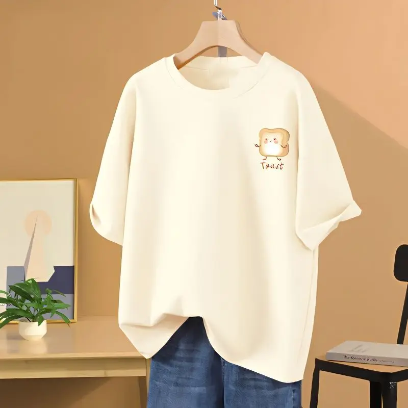 

Women's O-neck Short Sleeve Pure Cotton T-shirt, Loose Basics Top, Cartoon Printed, Simple Comfortable Casual, Summer Pullovers