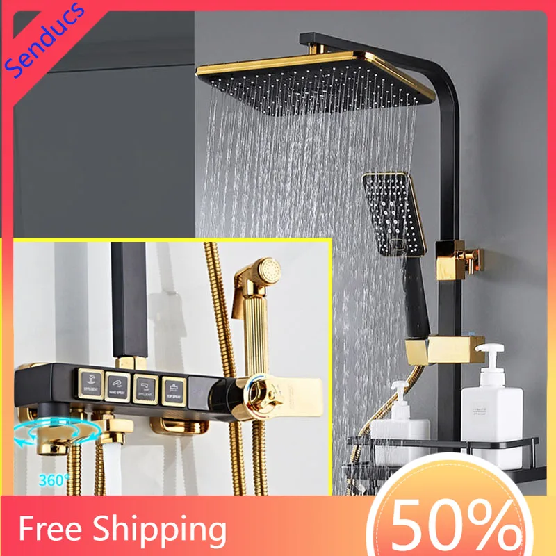 

Luxury White Gold Thermostatic Bathroom Shower System Brass Digital Piano Shower Set Rainfall Shower Head Hot Cold Mixer Faucets