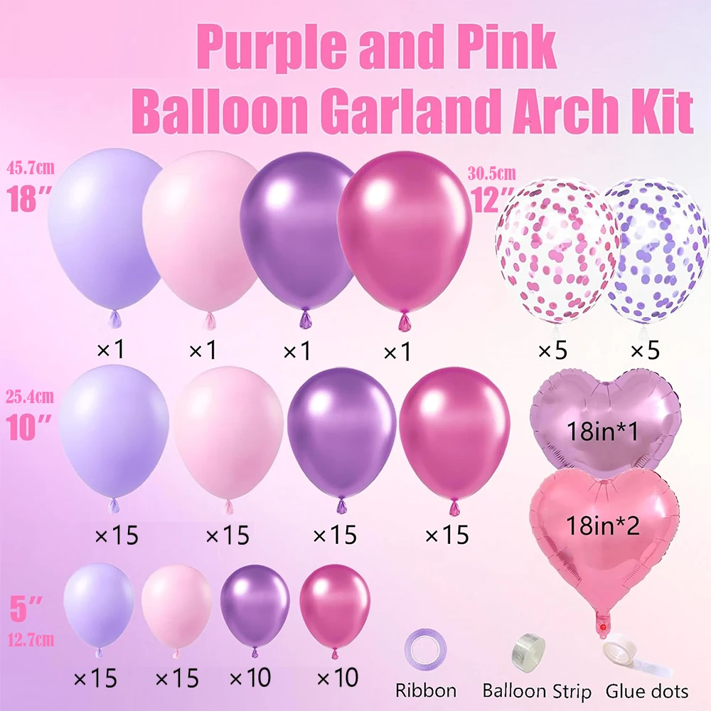 Confetti Pink Purple Magenta Balloons Garland Arch Kit with Heart Foil Balloon for Girl Birthday Bridal Baby Shower Party Decor