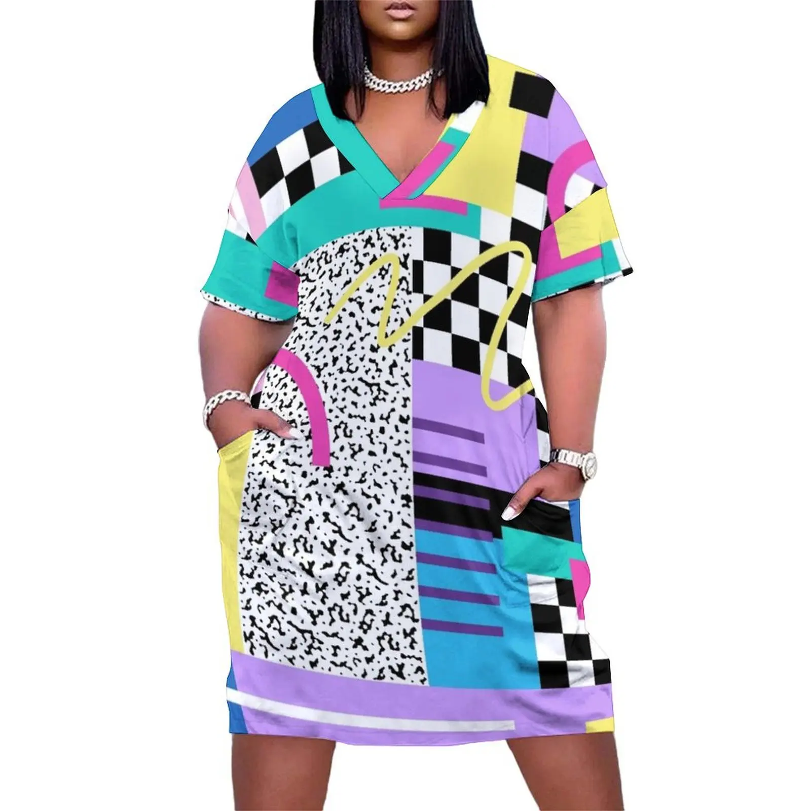 

Memphis Pattern 110 - Retro 90s / 80s Loose Pocket Dress women evening dress dresses with long sleeves summer clothes
