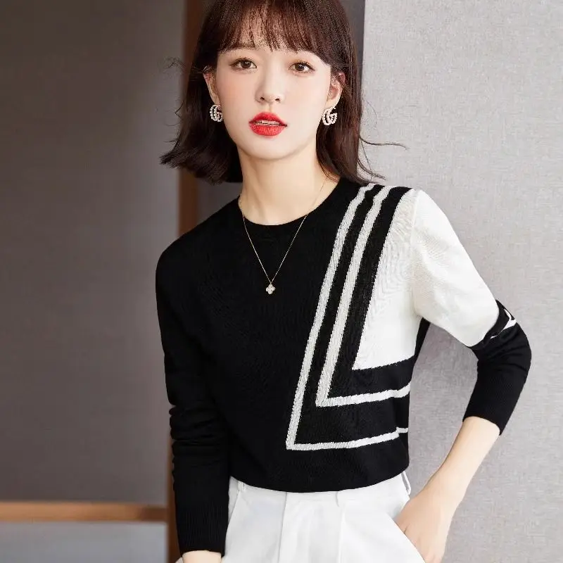 Spring Autumn New Patchwork O-neck Long Sleeve Knit Pullovers Women Clothing Fashion Elegant Loose Sweaters Casual Chic Y2k Tops