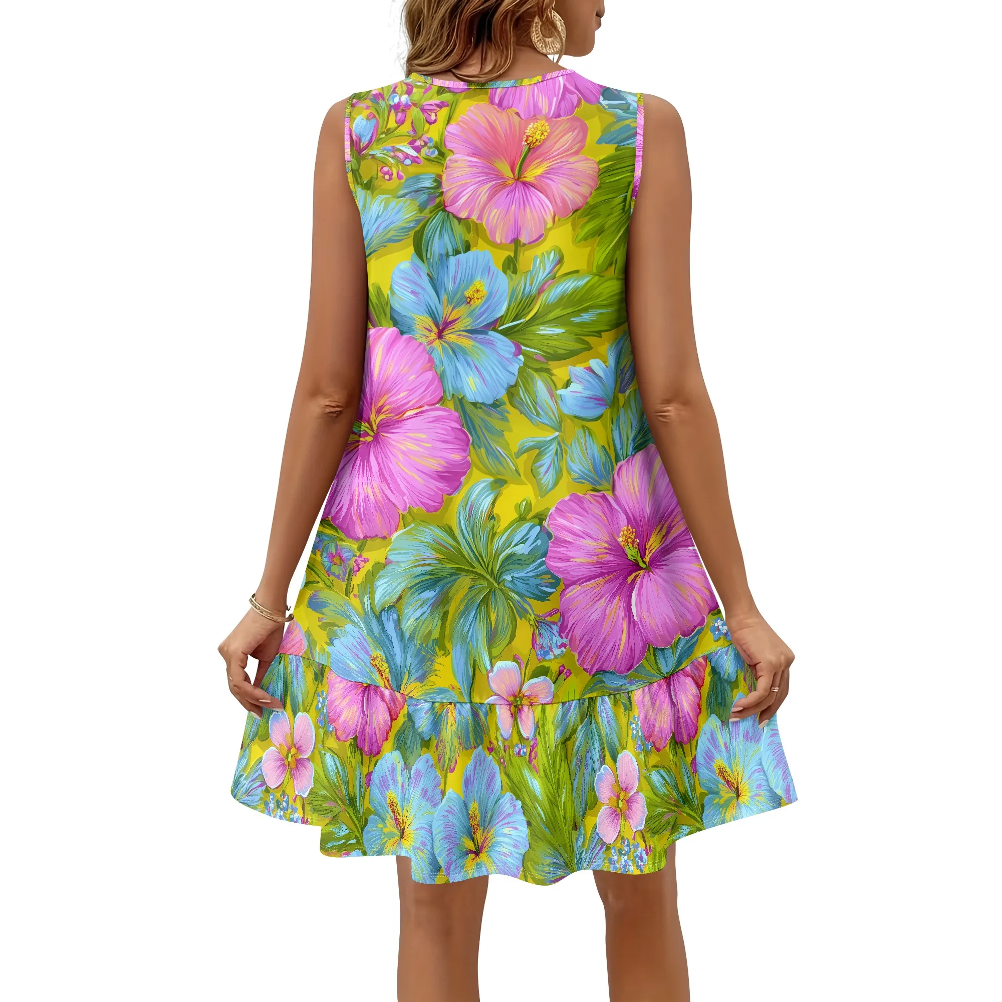 Floral Sleeveless Dress, Tropical Hibiscus Print, Summer Casual A-Line Shift, Beach Vacation Wear, S-2XL