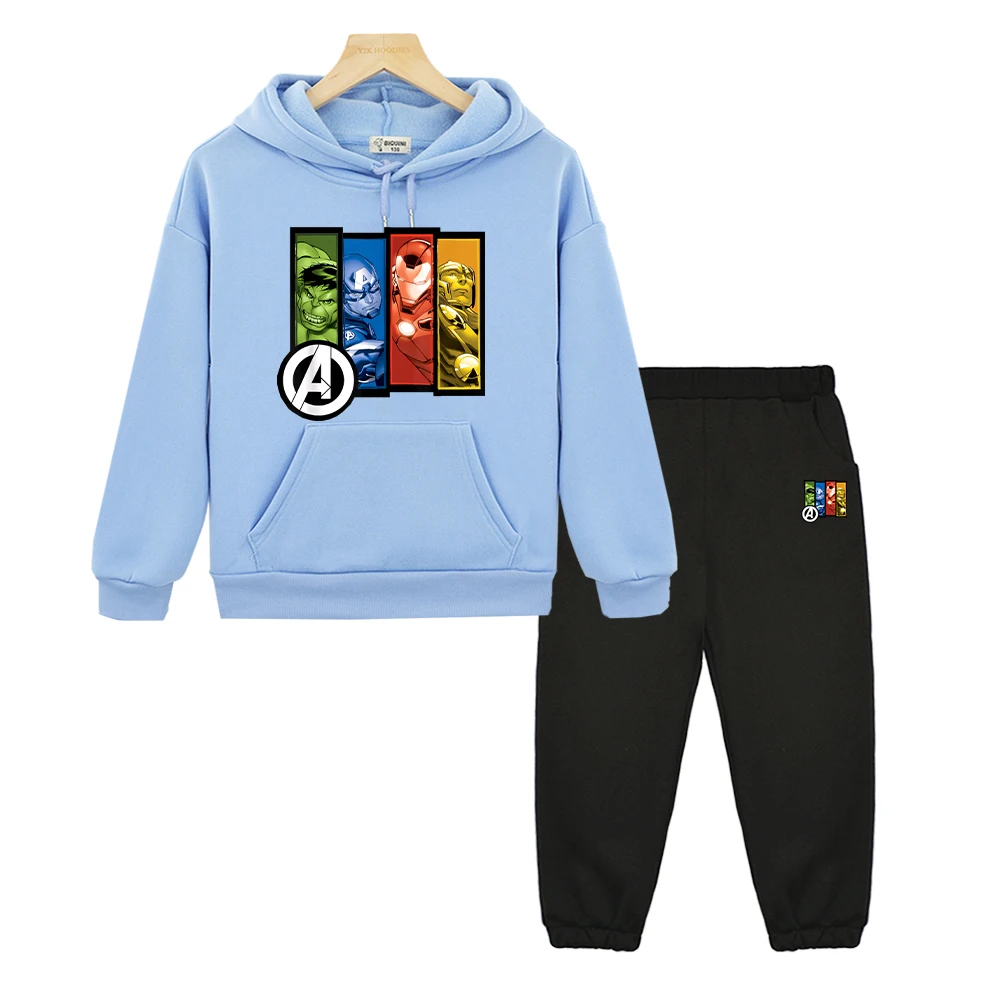 Marvel Autumn boy girl Hooded Spors Sets anime hoodie Fleece Sweatshirt Superman Cartoon 2pcs pullover+Pant kid boutique clothes