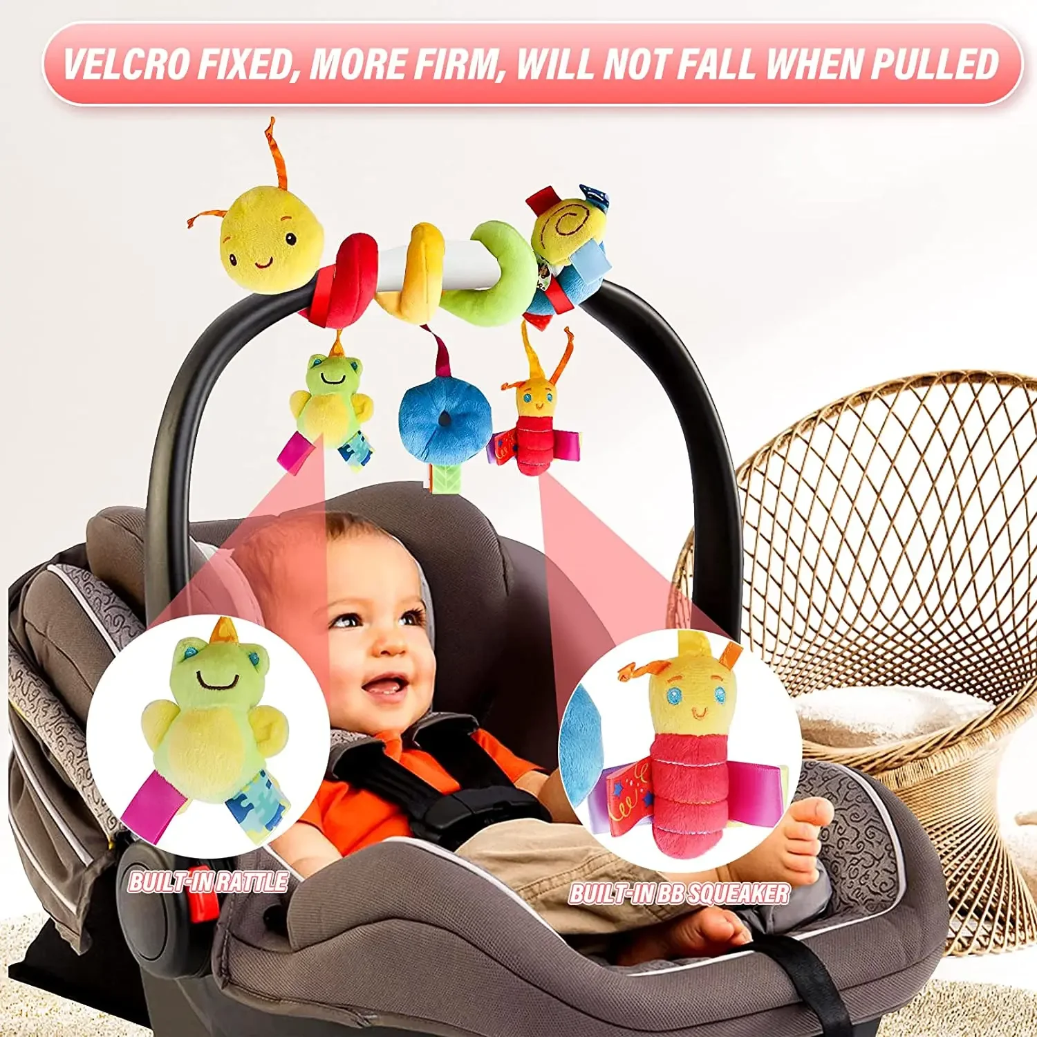 Baby Hanging Car Seat Toys Plush Activity Hanging Stroller Toys with BB Squeaker and Rattles for Newborn Travel Activity Toy