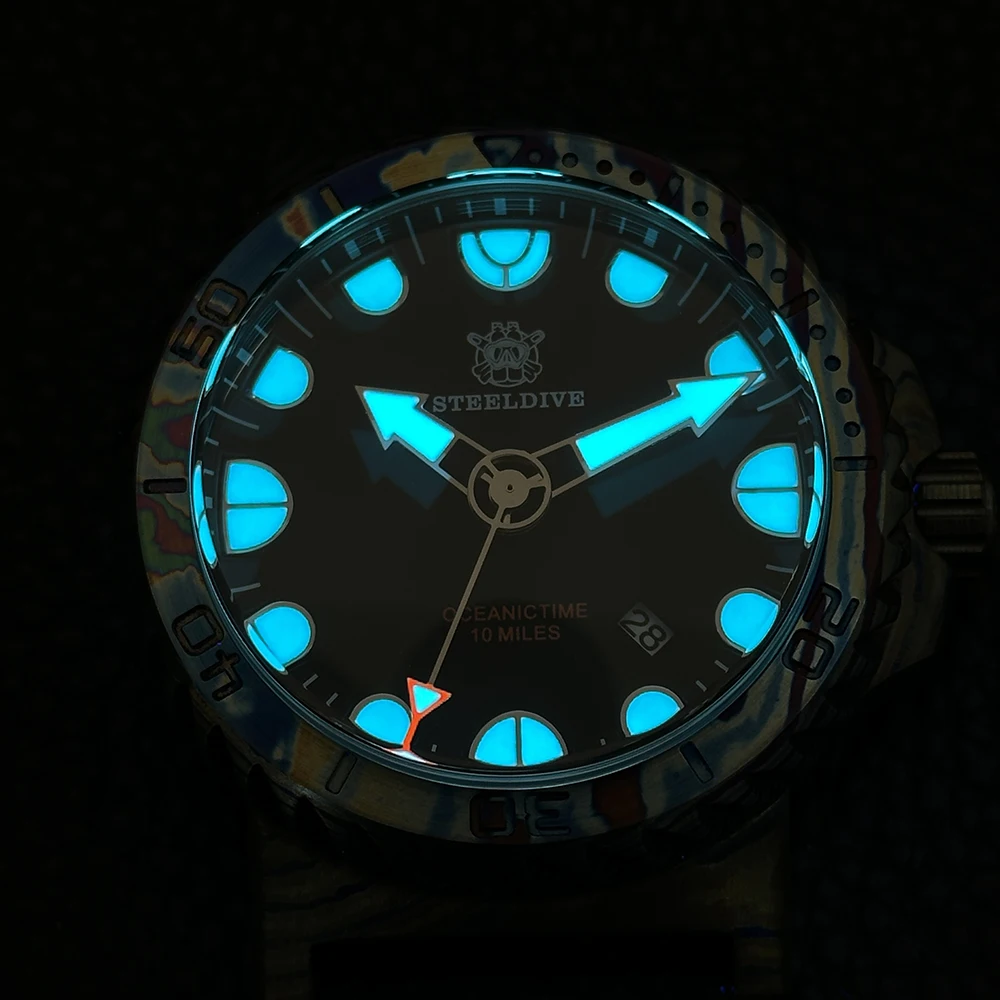 STEELDIVE Men Automatic Watch 46.5mm Titanium Damascus Case Mechanical Wristwatch Deep Dive 1000ATM BGW-9 Luminous Sapphire NH35