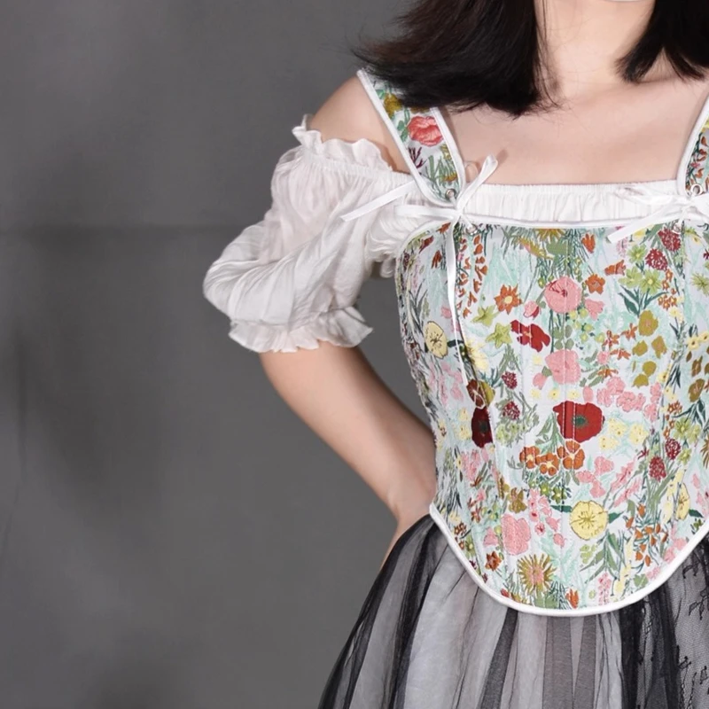 

Камзол с цветочной розой, корсет с цветочной вышивкой, узкий жилет, завязка на шнурке, подтяжка, корсет высокого качества