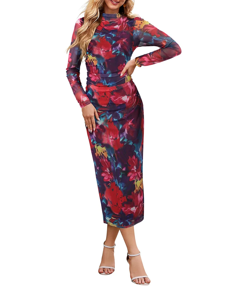 

Women’s 2025 Spring Fall Printed Maxi Dresses Mesh Turtleneck Hip Hugging Tight Elegant Party Dating Slimming Pencil Dresses