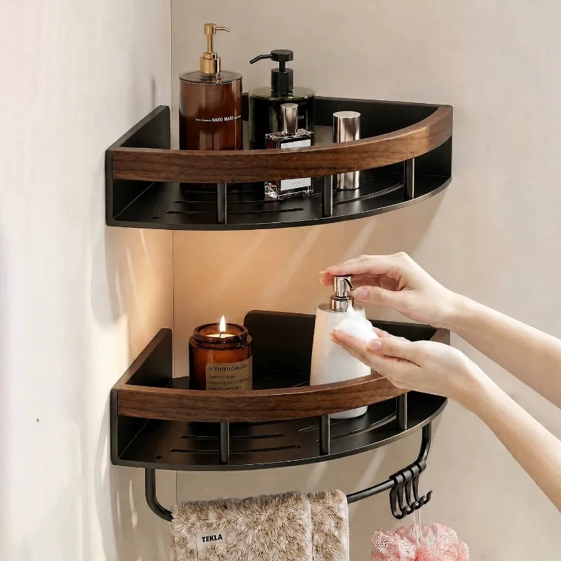 1pcs Walnut Stainless Steel Perforated Drain Shelf Suit Damp Bathroom Kitchen Corner Homestay Layout Boost Interior Texture