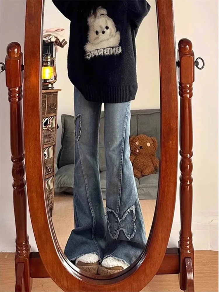 

Расклешенные джинсы в стиле ретро с американской вышивкой и высокой талией, женские летние утягивающие широкие брюки больших размеров, повседневные брюки