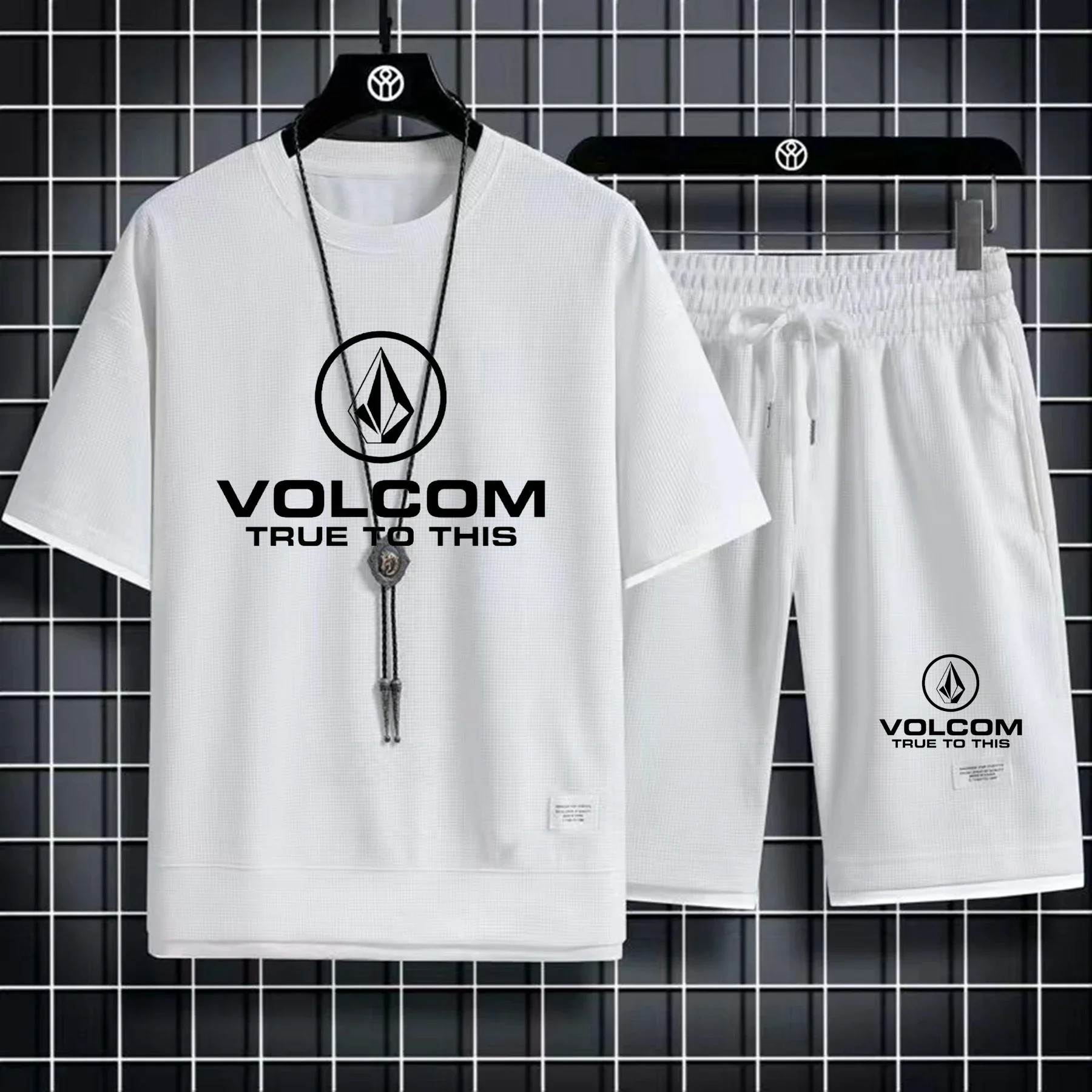 

VOLCOM Handsome Men's Waffle Short Sleeve T-shirt Suit Summer fashionable brand Young Students leisure Sports Suit