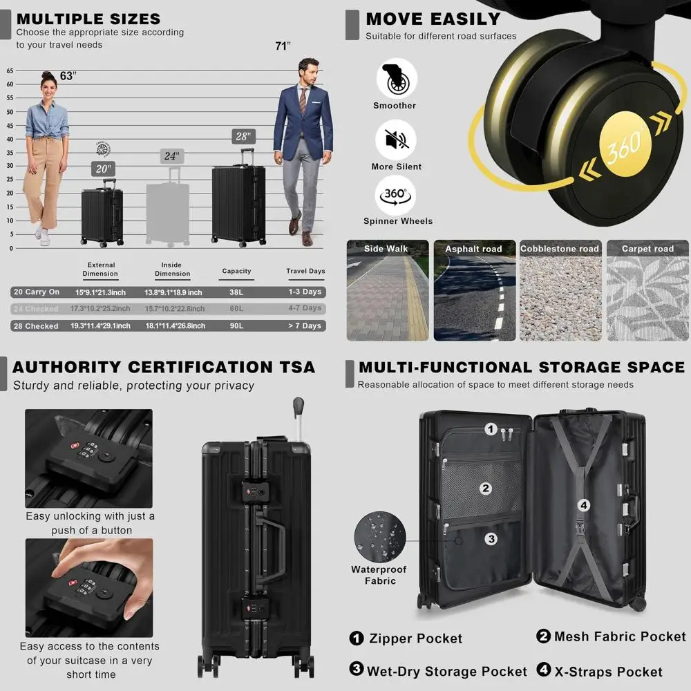 

2-Piece Aluminum Frame Luggage Set: Carry-On & Checked Suitcase with PC ABS Shell, TSA Lock (Black, 20/28)