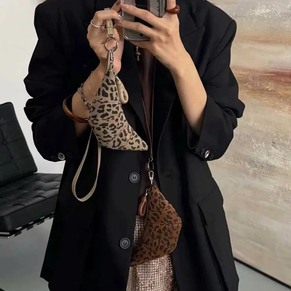 Creative Suede Leopard Print Hanging Neck Bag Croissant Y2K Necklace Card Holder Korean Style Lipstick Earphone Pouch Girls