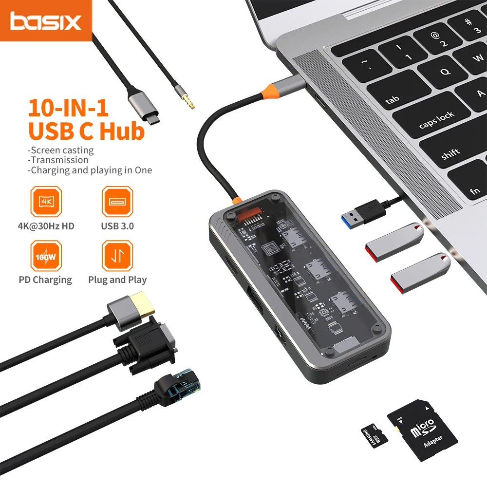 Basix Usb C Hub 10 In 1 Docking Station Type-C Naar Pd HD-MI Usb 3.0*3 Sd Tf Ethernet Rj45 1000M Vga Audio3. 5Mm Voor Macbook M1 M2