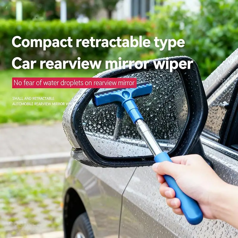 New#1PC Stainless Steel Telescopic Car Rearview Mirror Wiper With Retractable Layered Brush Head Handheld Window Cleaning Tool