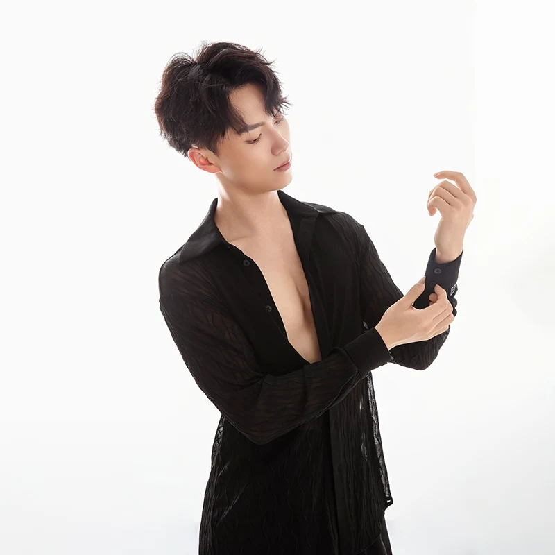 2024 قمصان شبكية جديدة بأكمام طويلة ملابس الرقص اللاتينية للرجال الكبار قاعة الرقص تشاتشا رومبا تانجو ملابس ممارسة الرقص اللاتينية DQS18094