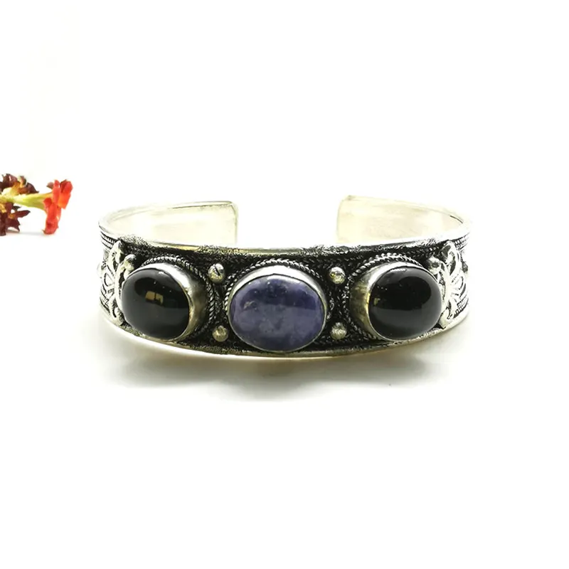 Tibetan inlaid Multi Stone Beads Open Cuff Bangles Black Agates Tiger Eye Labradorite Nepal Vintage Jewelry BB-116