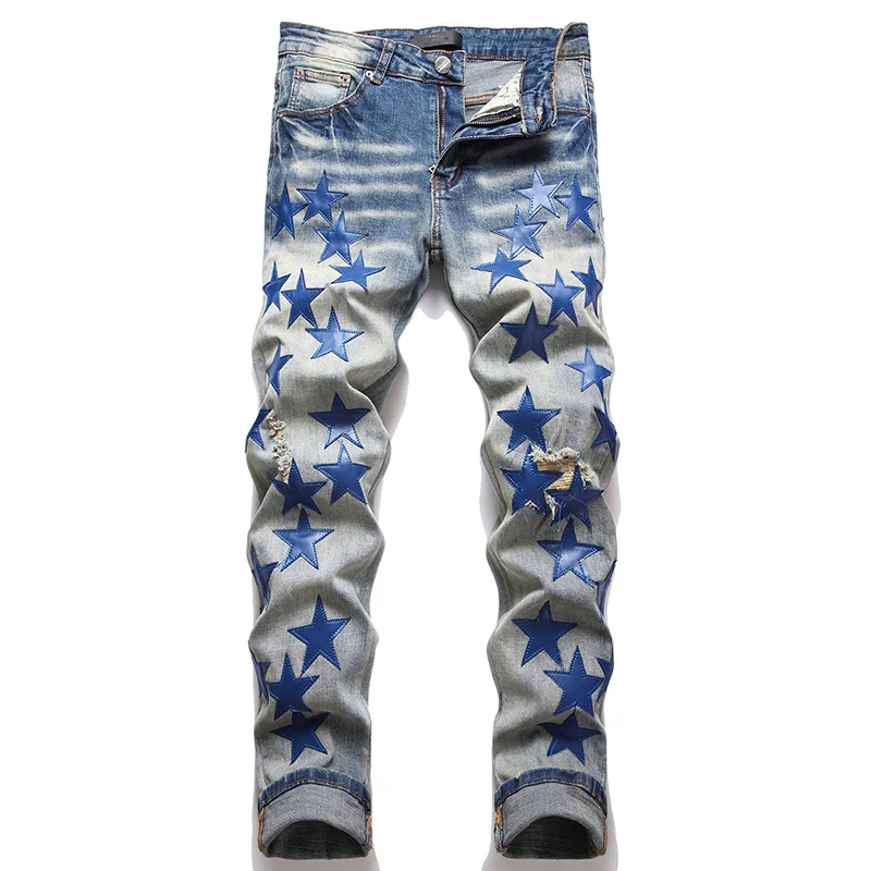 

2023 Autumn New Fashion Men High Street Blue Star Embroidery Patch Jeans Men's Slim Fit Denim Pants Jeans Vaqueros Hombre