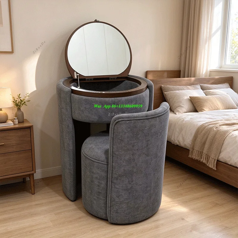 Modern Simple Small Apartment with Stool, Clamshell Vanity Table with Lamp, Integrated Mini Vanity Table with Storage Cabinet