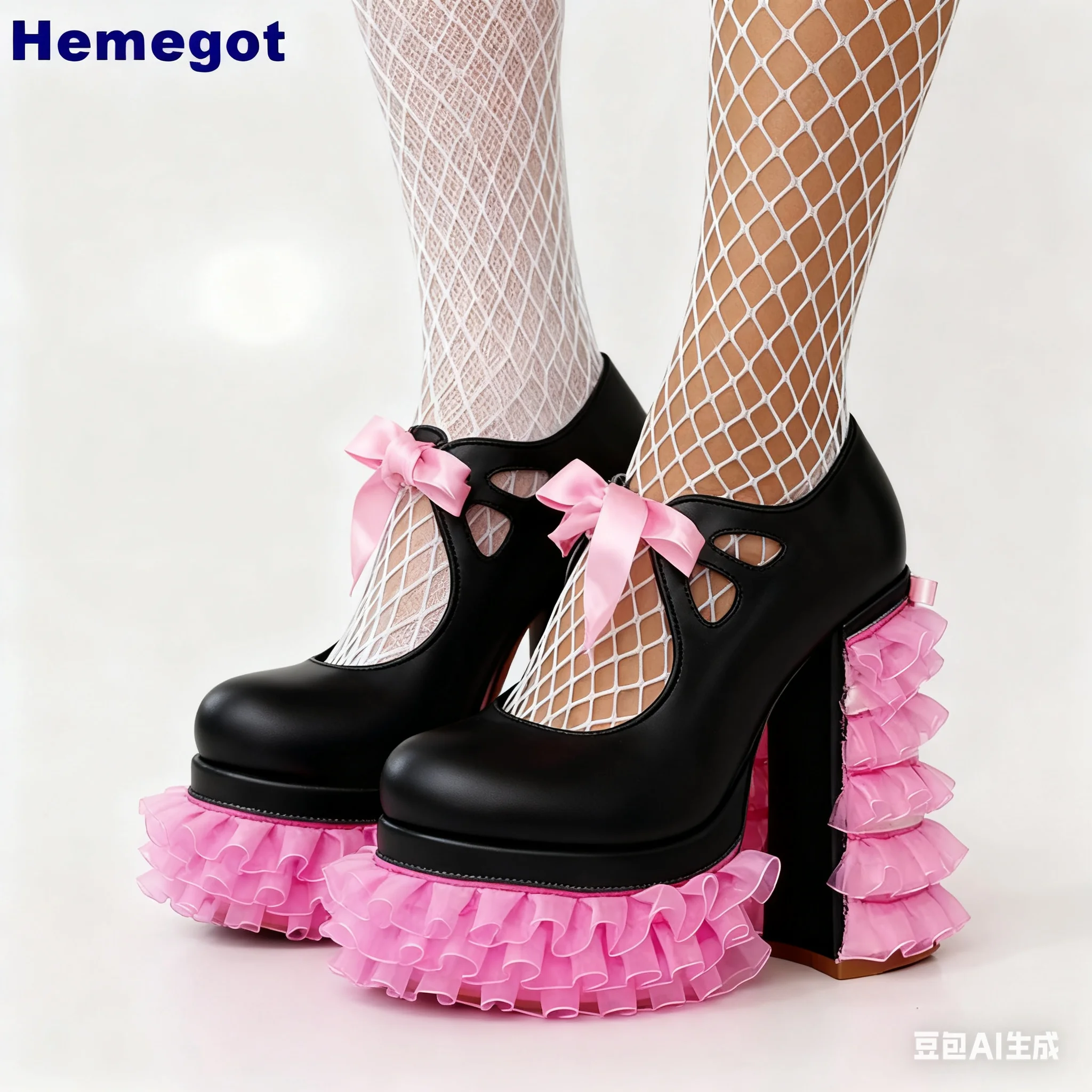 

2025 Sweet Platform Lace Pink Lolita Shoes New Round Toe Bow Dress Banquet Thick High Heels Fashion Ladies 36-46 Size Pumps
