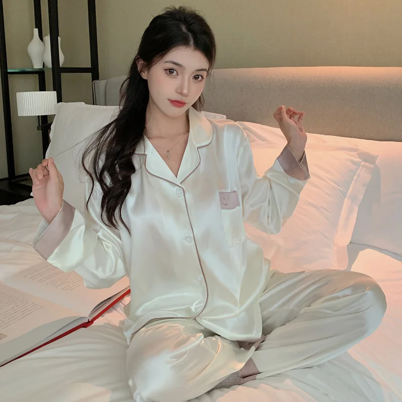 New Spring/Summer Collection: Solid-Color, Heart-Print, Sweet and Simple Women's Long-Sleeve, Long-Pants Two-Piece Pajama Set