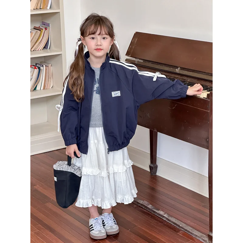 

Girl's Sweet Bow School Flower Coat Children's Loose Casual Stand-up Collar Jacket Top2024Autumn