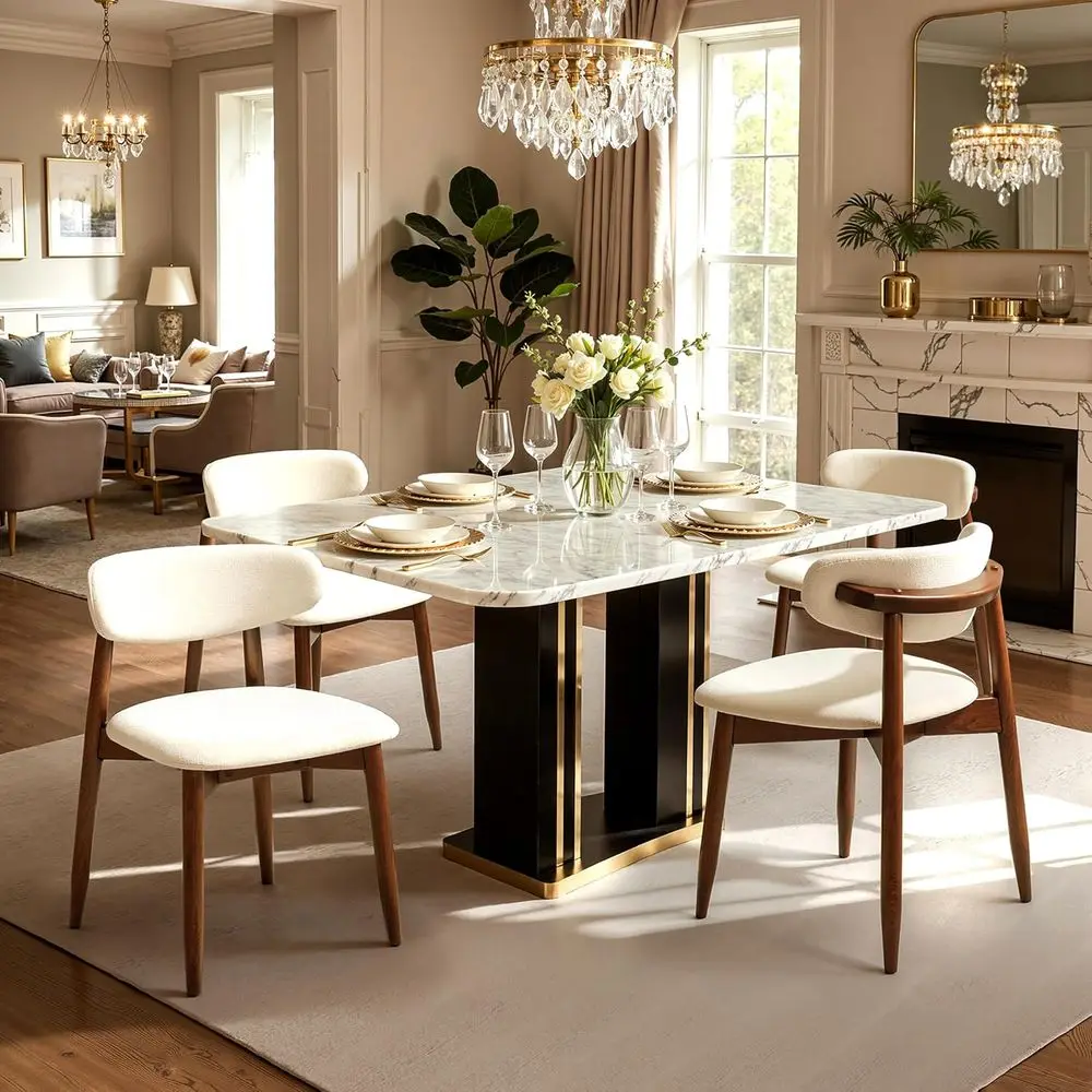 

Upholstered Set of 4 Dining Chairs, Modern Beige Fabric Kitchen Chairs with Ergonomic Curved Backrest