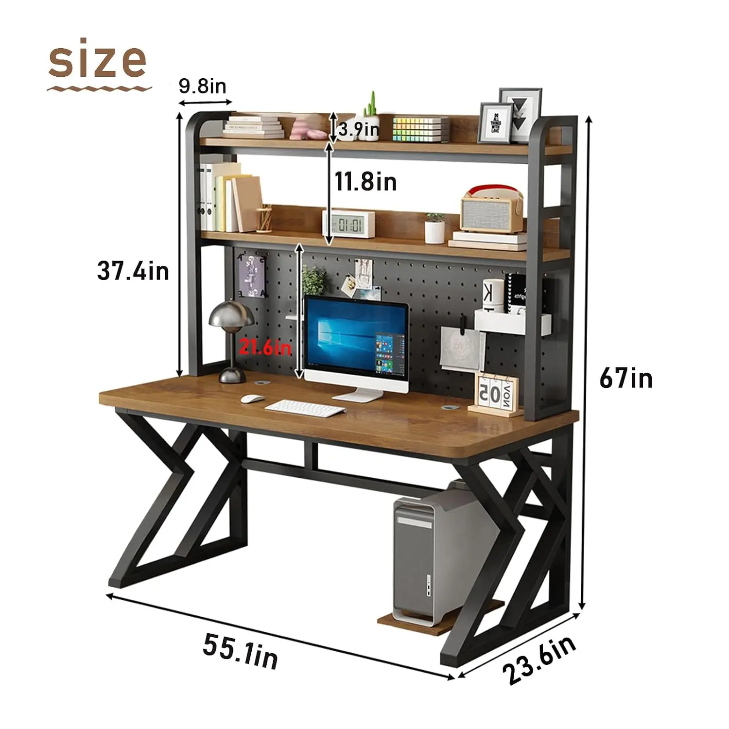 55.1in White Computer Desk With Pegboard Storage Shelves, Customized