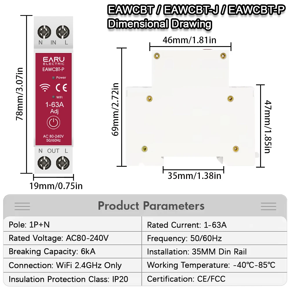 Tuya WiFi Smart Circuit Breaker MCB 1P+N 63A Timer Power Energy kWh Voltage Current Meter Protector Voice Remote Control Switch