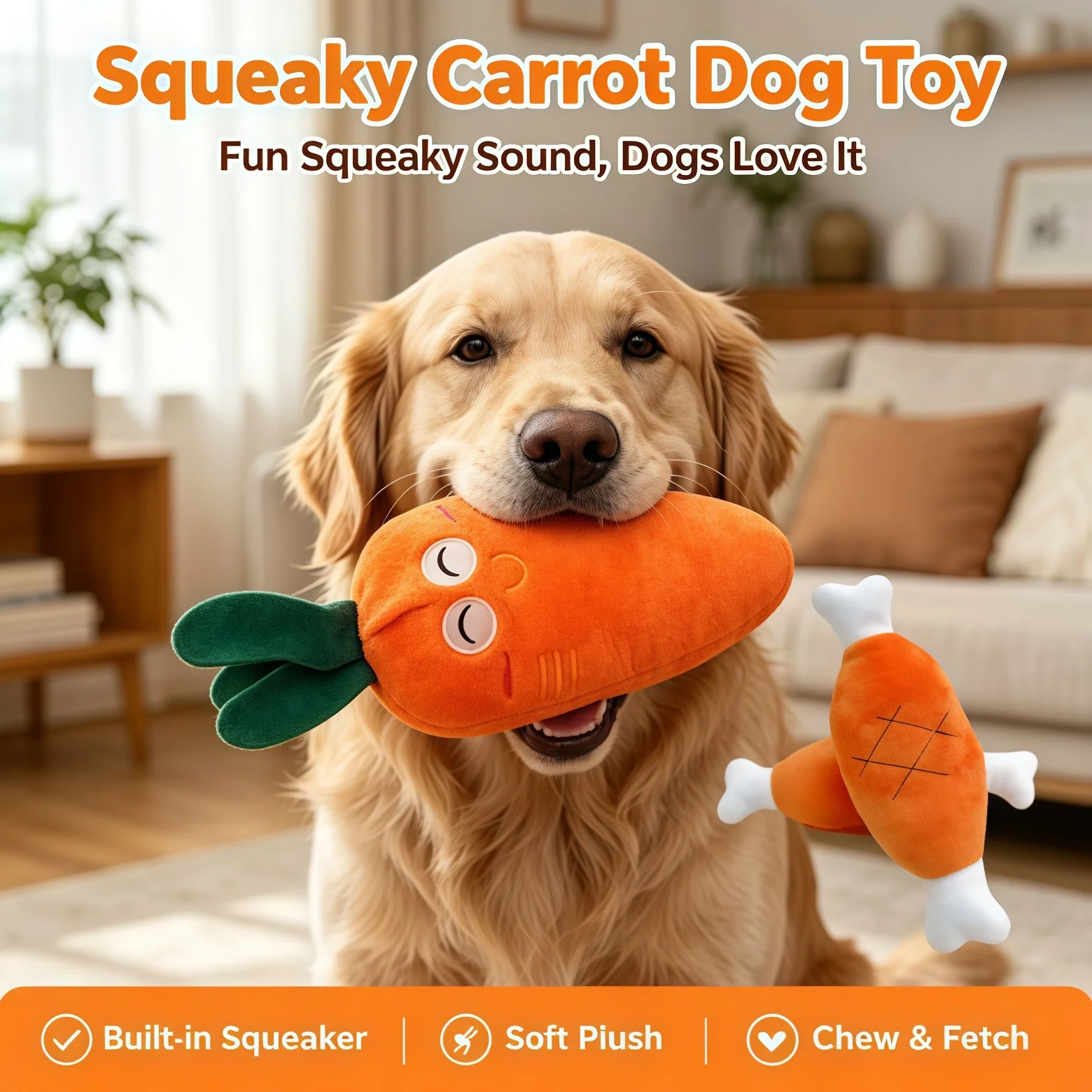 Quietschendes Karotten-Hundespielzeug, weiches Plüsch-Kauspielzeug mit integriertem Quietscher, interaktives Fangspielzeug für kleine und mittelgroße Hunde und Welpen