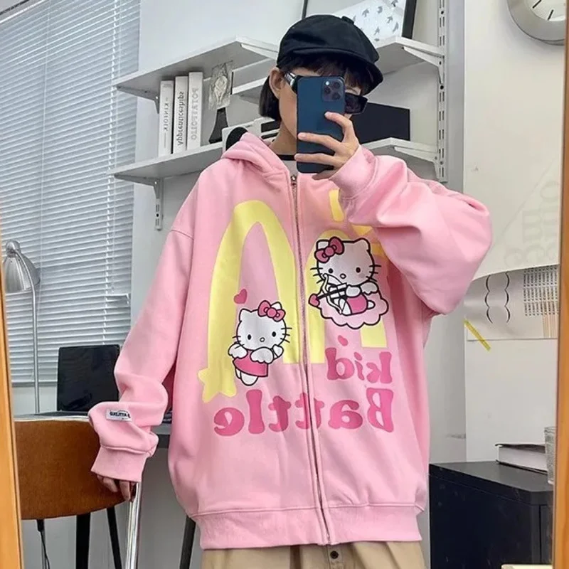 Sanrio Hello Kitty New Hoodie American Streetwear Couple Loose Cardigan Coat Y2k Women Trend Sweatshirt Preppy Casual Clothing