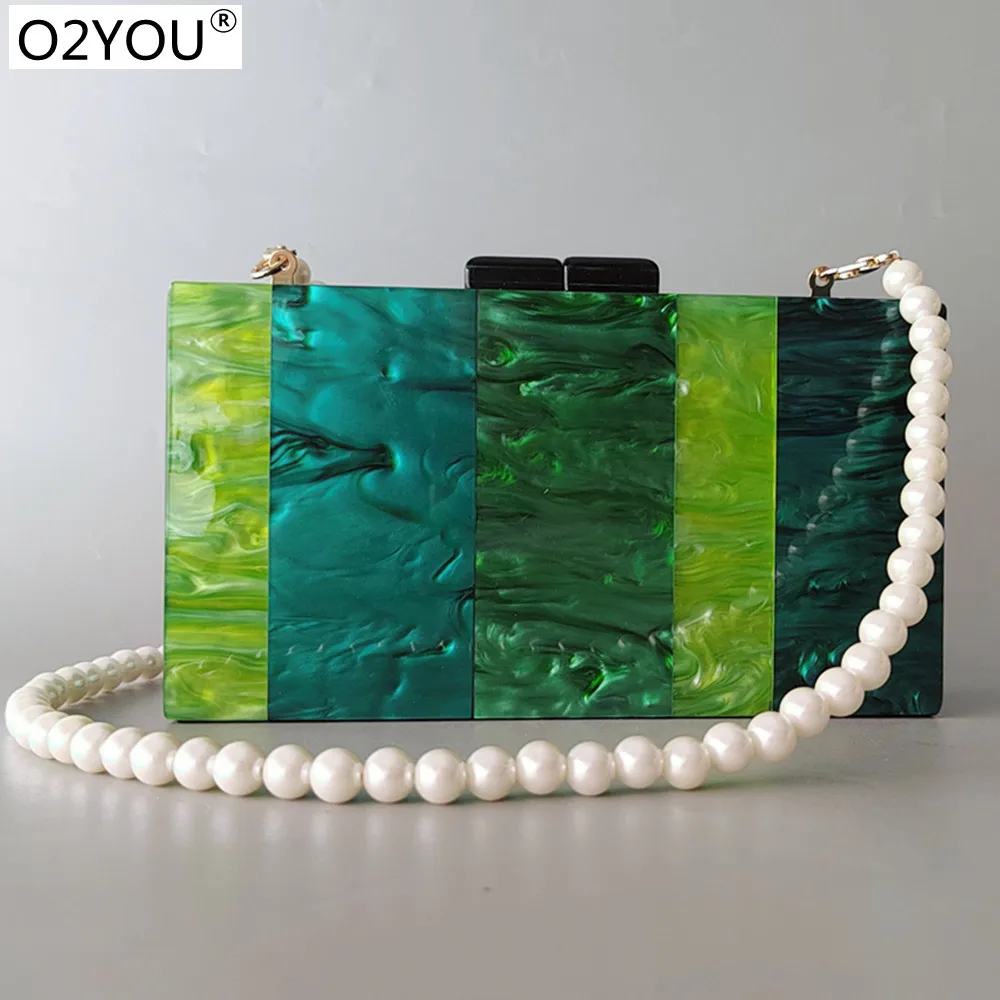 Pearl Striped Green Acrylic Luxury Brand Women Hasp Chain Versatile Party Box Clutches Evening Wedding Cross Body Mini Female Ba