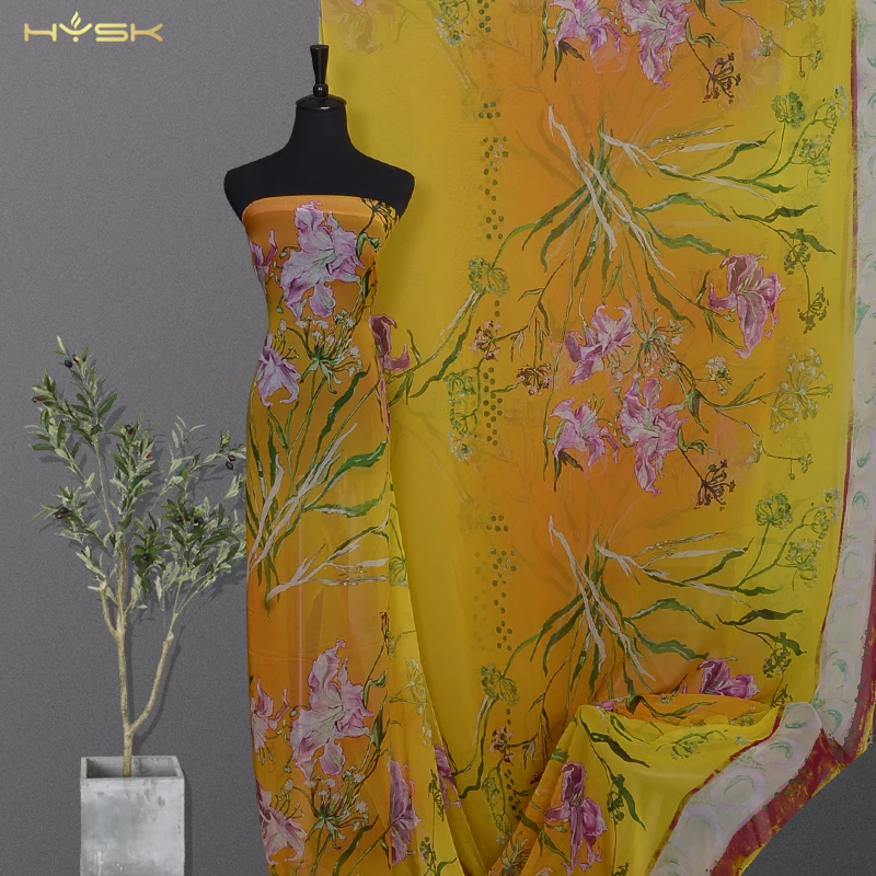 Imagem -04 - Hysk Tecido de Seda Pura Natural Georgette Chiffon Lilás Amarelo Branco Floral Estampado por Metro Coreano para Roupa de Noite R2642