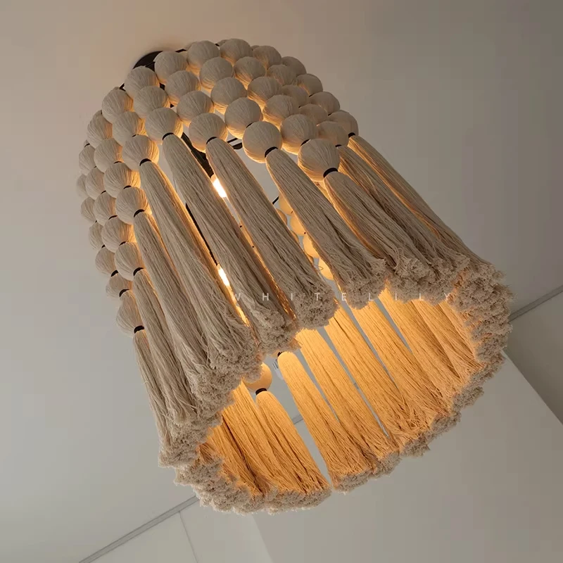 Handmade Cotton Rope Bosnian Tassel Chandelier Bohemian Hand Knotted Cotton pendant lamp Dining Room Droplight White Cloth lamp