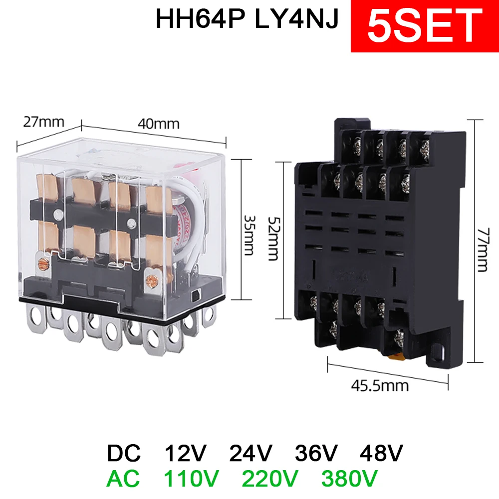 

5Sets HH64P Mini Relay 14Pin 10A with LED LY4NJ P143 General Intermediate Relay LY4N-GS 12V 24V 110V 220V 380V with Socket Base